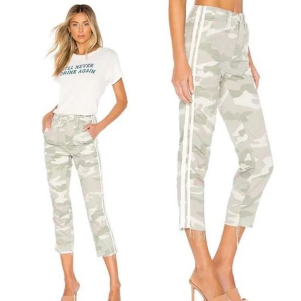 Mother The Shaker Crop Fray Pants Racer Stripe Camo in Army Green - Size 27